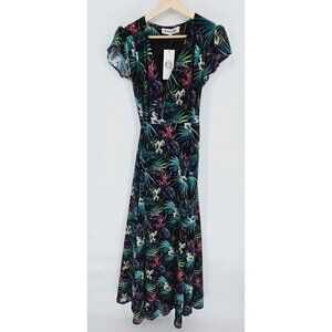 Black Fable Maxi Wrap Tropical Black & Green Dress Size Medium New